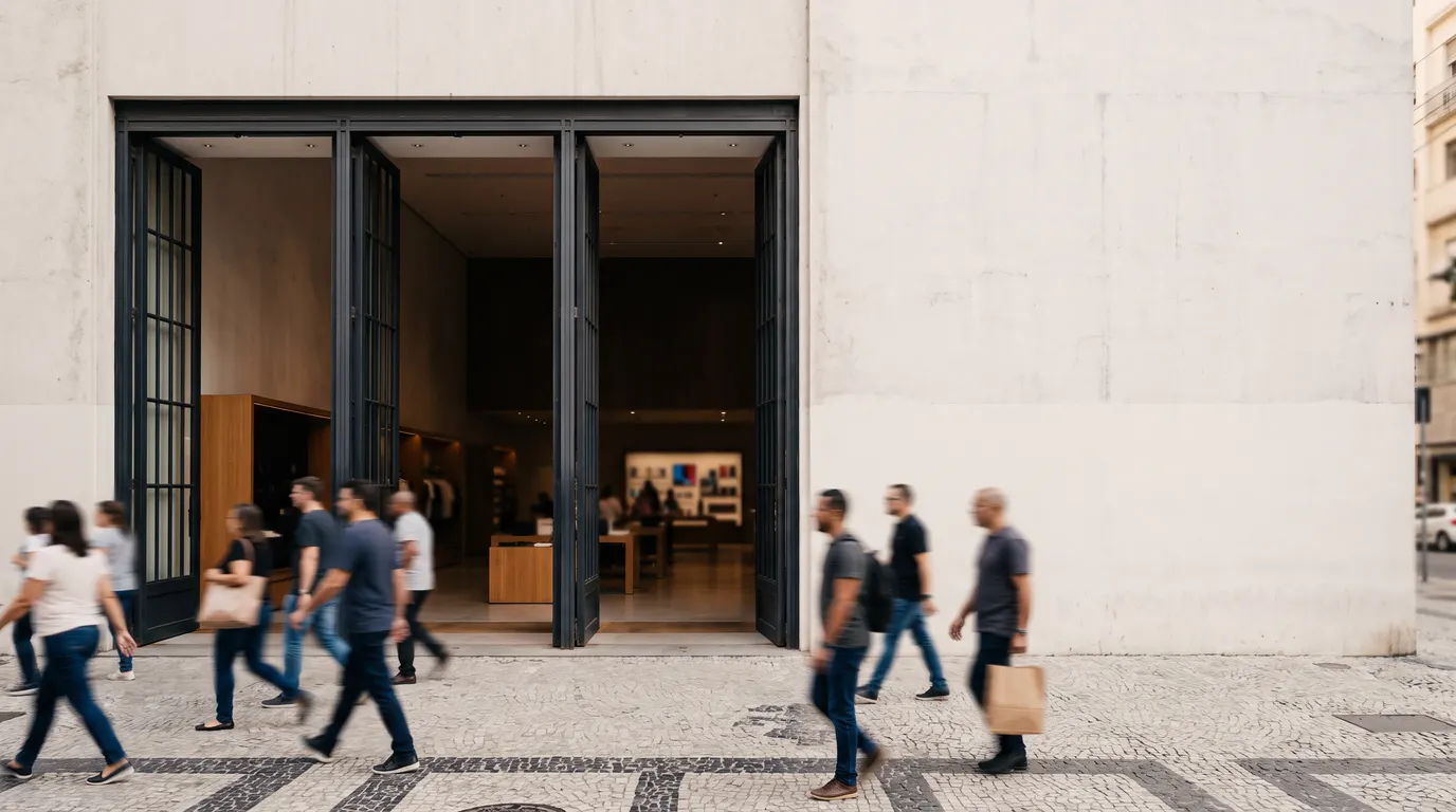 Pessoas passam, desfocadas pelo movimento, em frente à fachada lisa e sem placa de uma loja de portas abertas.