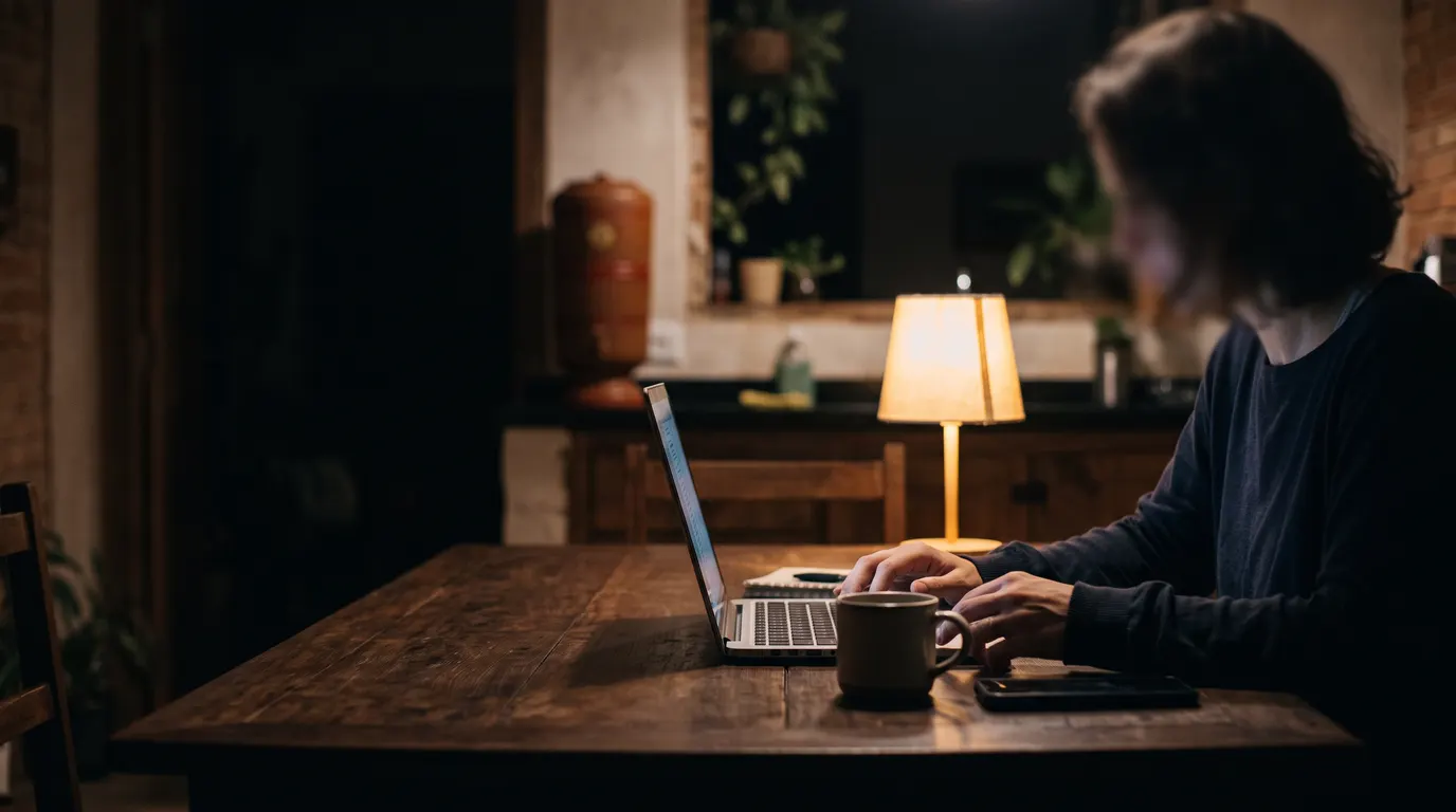 Uma mulher trabalha num notebook sobre a mesa da cozinha, à noite, iluminada por um abajur, com uma xícara ao lado.