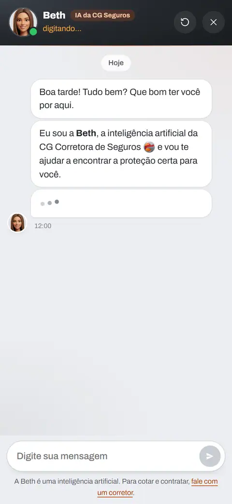 Chat da Beth, a assistente da CG Seguros, aberto no celular