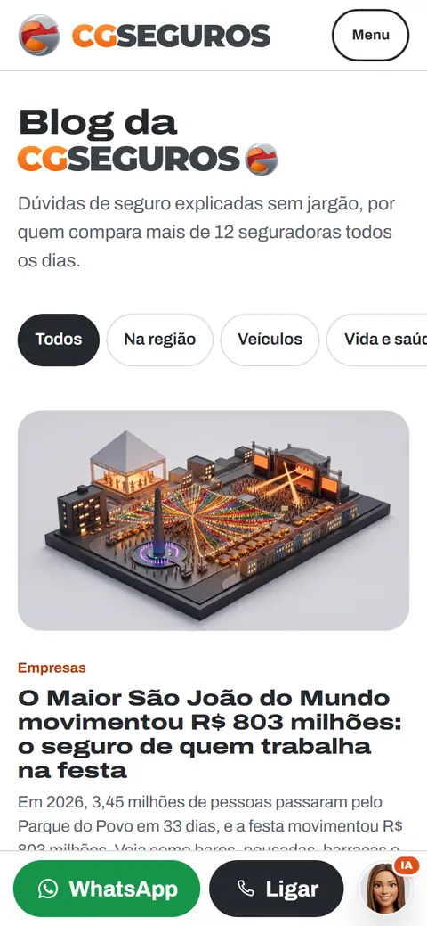 Blog da corretora no celular, com filtros por tema