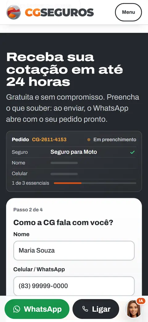 Pedido de cotação no celular, com a ficha do pedido sendo preenchida