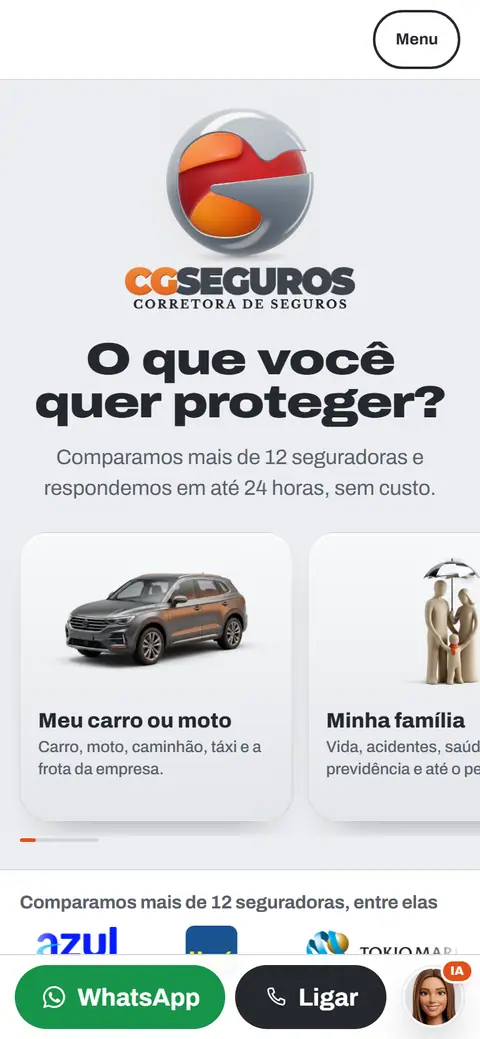 Primeira tela do site da CG Seguros no celular, com a pergunta O que você quer proteger